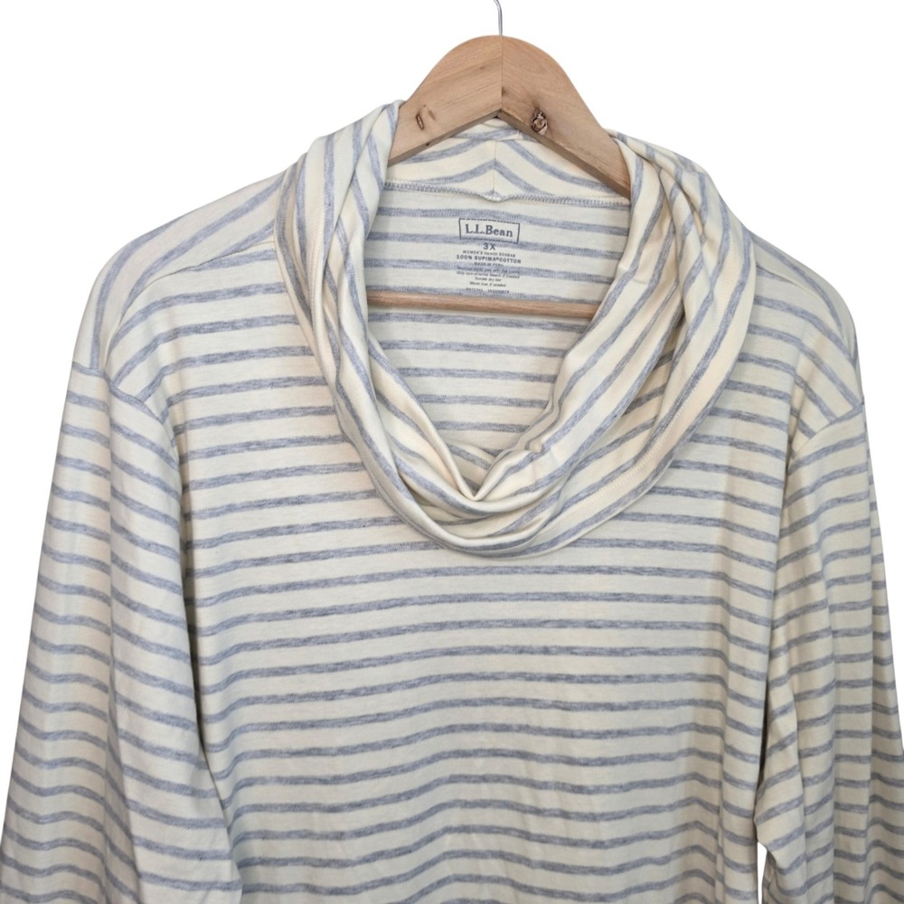 L.L. Bean Womens Plus 3X Striped Cowl Neck Top Shirt Cream Gray Supima Cotton - Picture 5 of 9